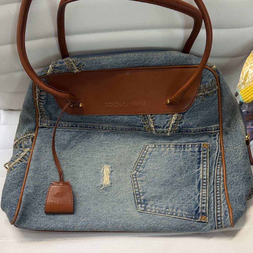 Dolce & Gabbana Blue Denim and Brown Leather Satchel